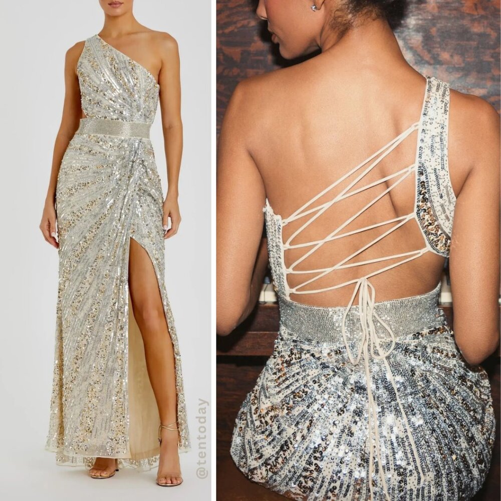 Mac Duggal 5687 Size 2 Nude Silver One Shoulder Corset Back Long Maxi Gown Dress